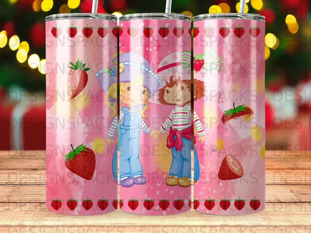 Strawberry Shortcake characters on a tumbler with pink strawberry pattern.