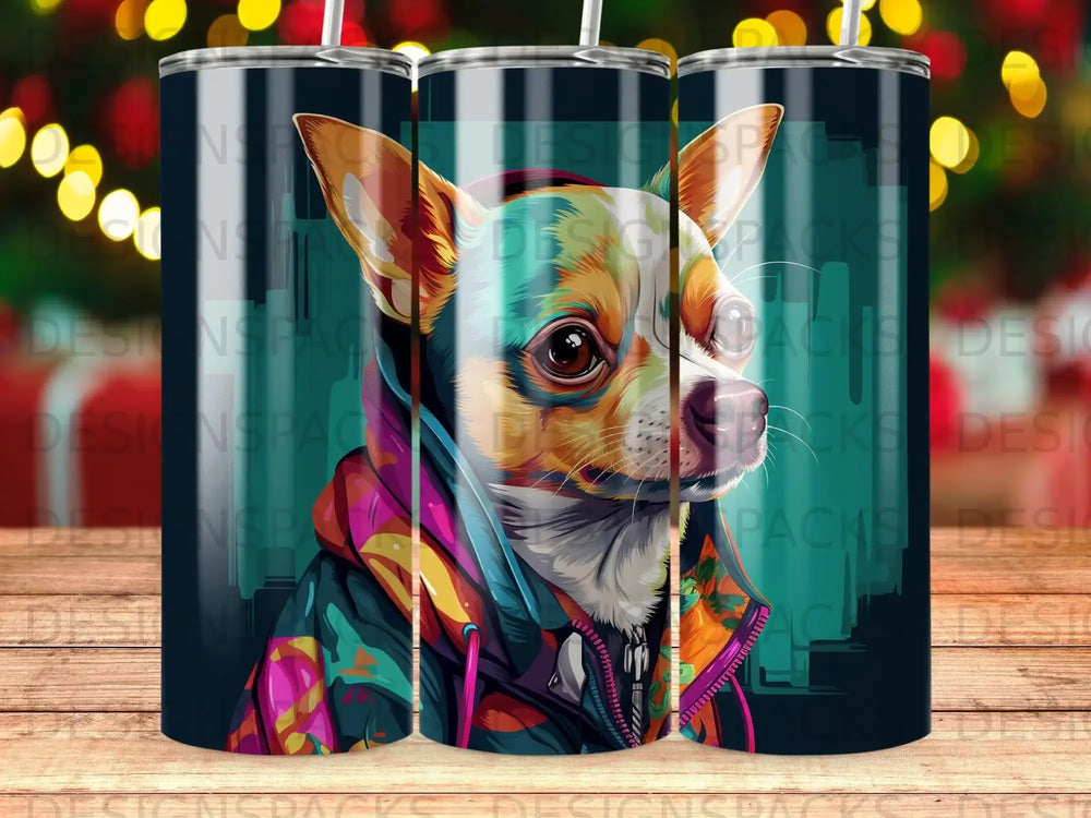 Chihuahua wearing a colorful hooded jacket, close-up on a patterned tumbler.