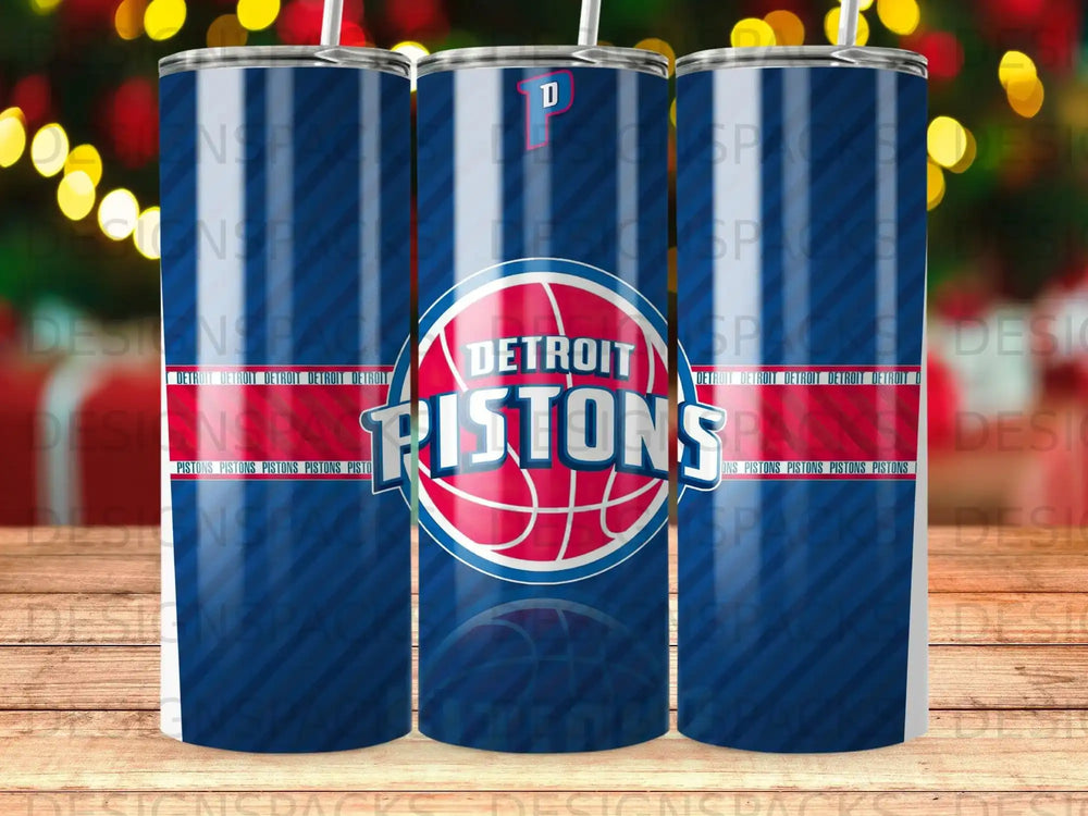 Detroit Pistons logo on three tumbler cups with straws.