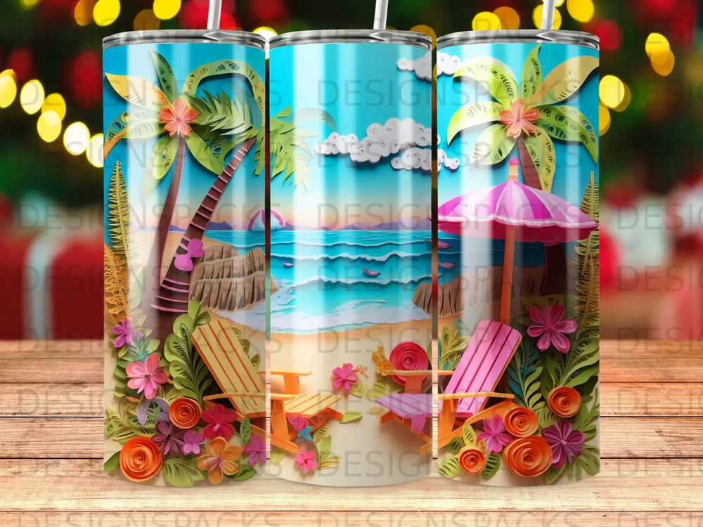 Beach scene with palm trees, lounge chairs, and tropical flowers on a tumbler.