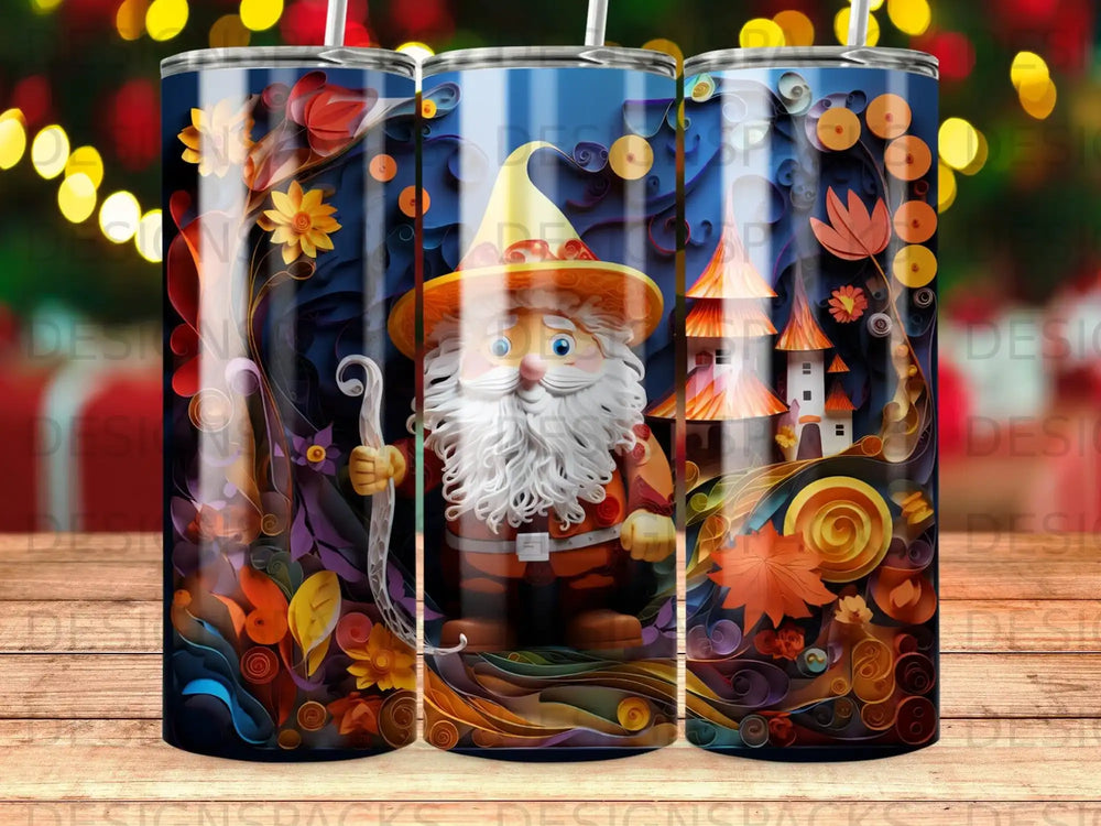 Whimsical gnome with orange hat and staff in autumn forest scene.