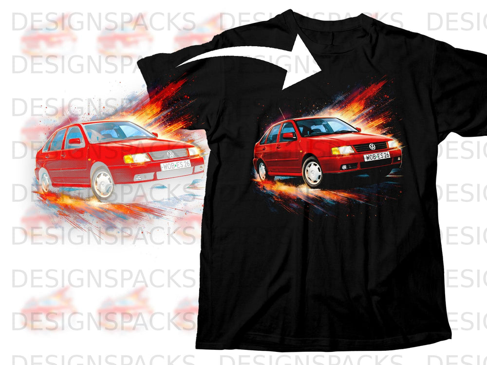 Black t-shirt with a red Volkswagen car graphic and "WOB-ES 26" license plate.