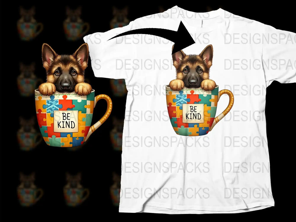 Cute Puppy in Puzzle Cup T-Shirt, Be Kind Quote, German Shepherd Dog Tee, Colorful Casual Wear