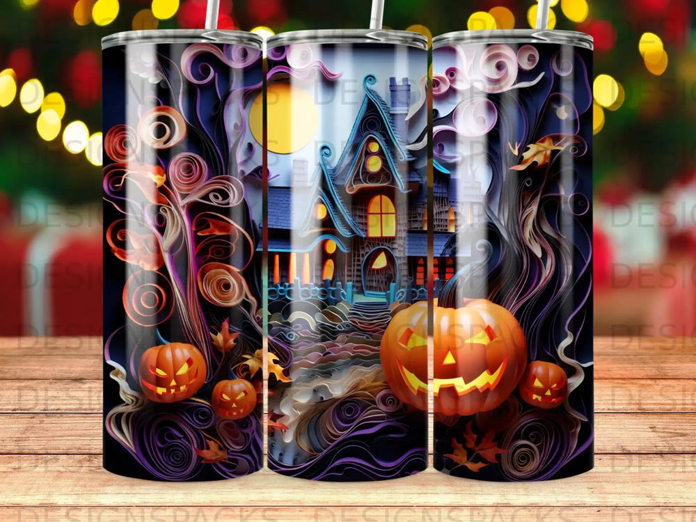 Halloween tumbler with jack-o'-lanterns, spooky house, and swirling dark designs.