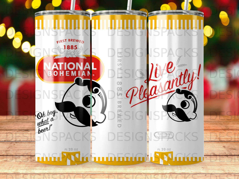 National Bohemian beer tumbler with "Pleasantly!" and "Oh boy, what a beer!" slogans.
