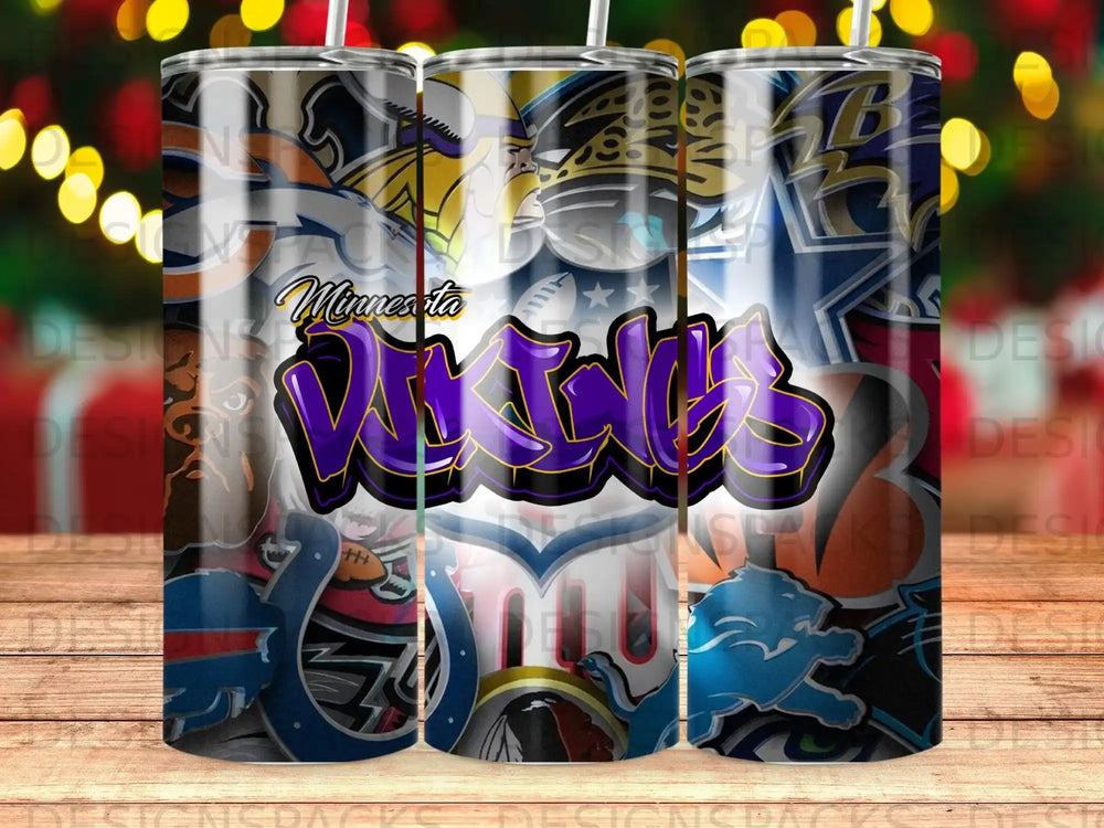 Minnesota Vikings graffiti logo on a stylized tumbler with sports team logos.