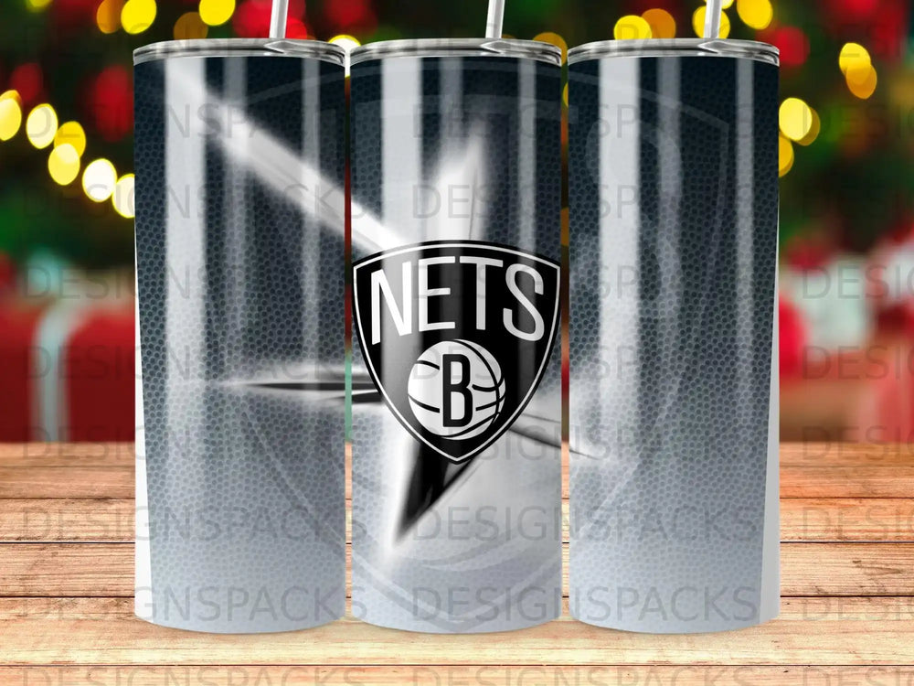 Brooklyn Nets logo on a patterned tumbler with faded text.