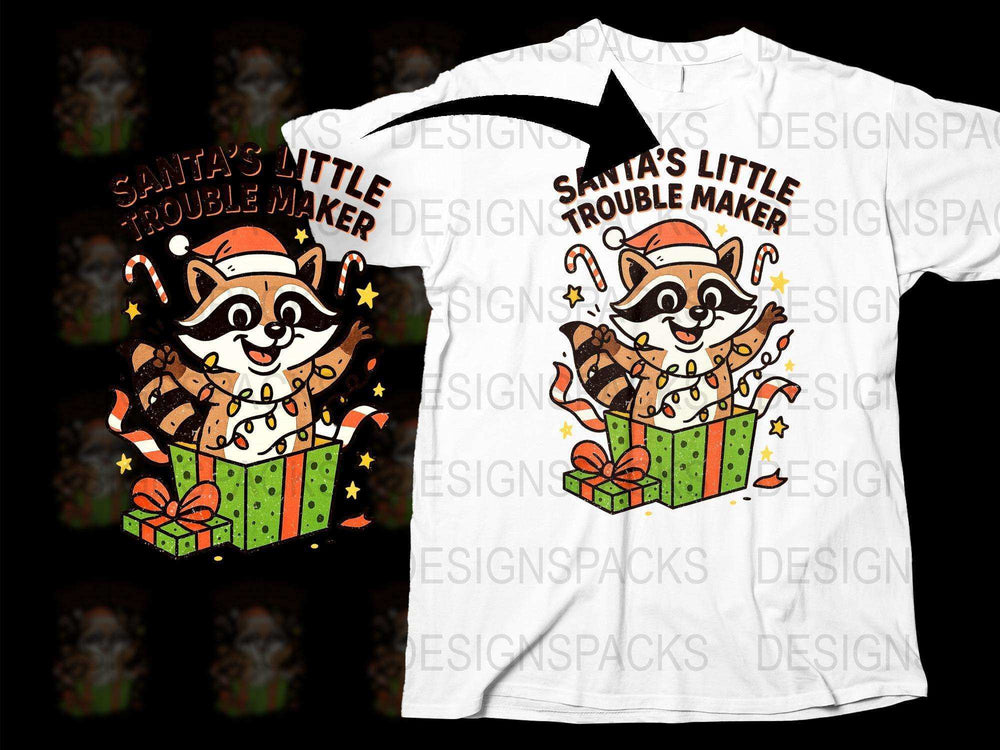 Santa's Little Trouble Maker Raccoon T-Shirt, Cute Holiday Gift, Christmas Racoon Tee, Festive Animal Shirt, Unisex Kids and Adult Sizes