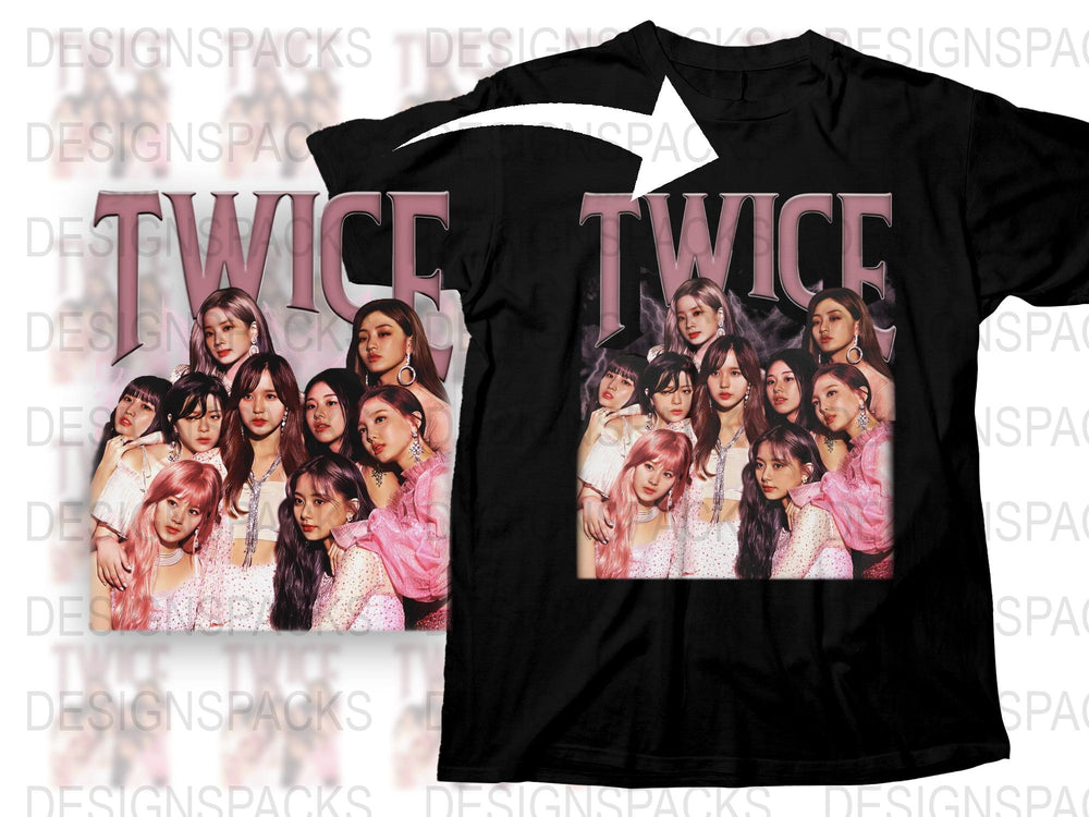 TWICE Band Graphic T-Shirt, K-Pop Music Group Fan Merch, Black Cotton Tee with Group Photo Print