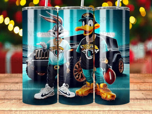 Bugs Bunny and Daffy Duck in streetwear, holding a football, in front of a car.