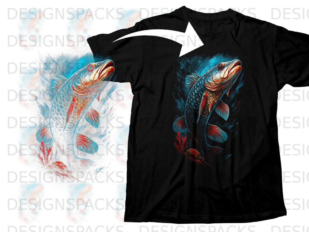 Black t-shirt with a close-up illustration of a vibrant, red-finned fish.