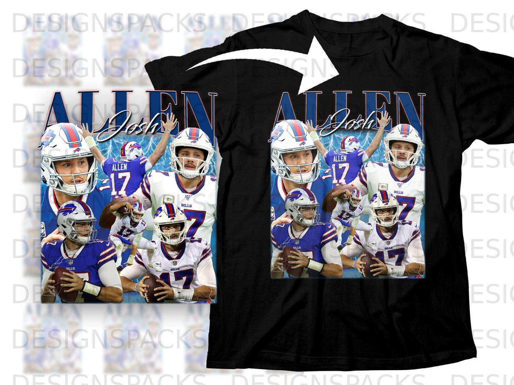Collage of Josh Allen wearing Buffalo Bills uniform, number 17.
