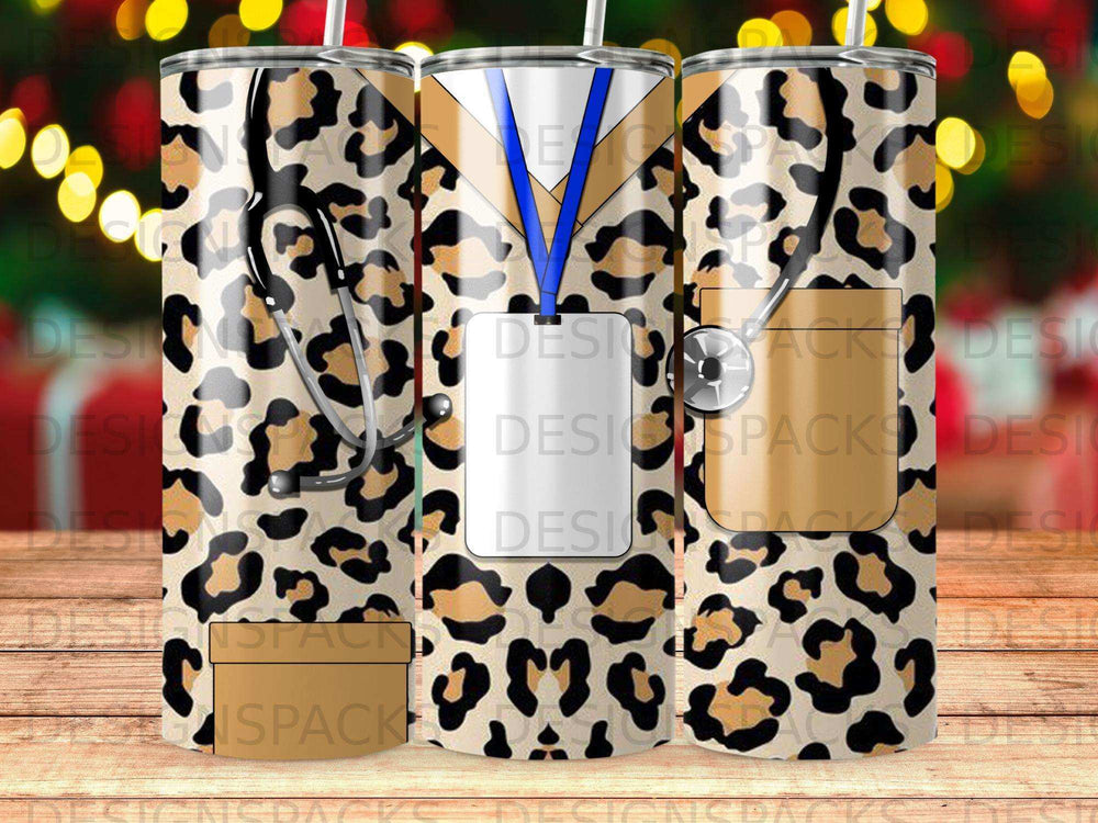 Leopard print tumbler with stethoscope and nurse ID badge.