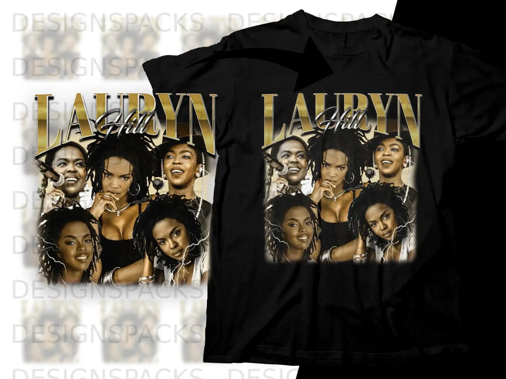T-shirt with collage of Lauryn Hill portraits and text.