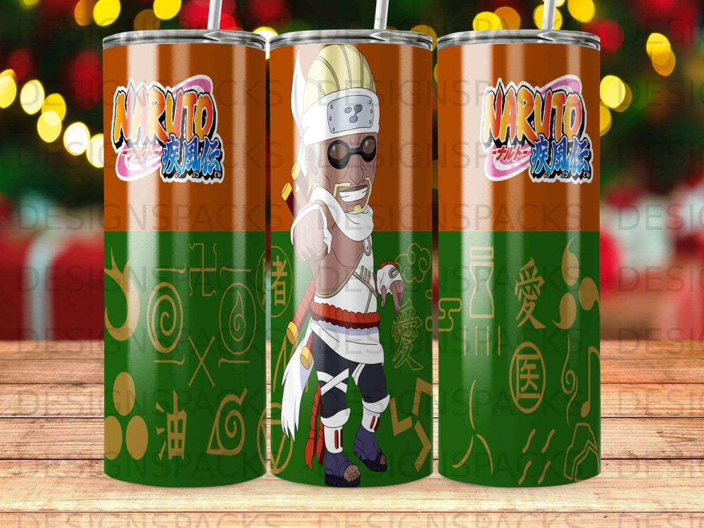 Naruto character with sword and kunai, surrounded by Japanese symbols.