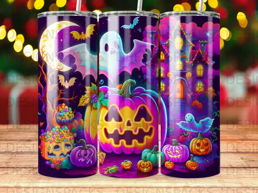 Halloween tumbler with pumpkins, ghost, castle, and bats.