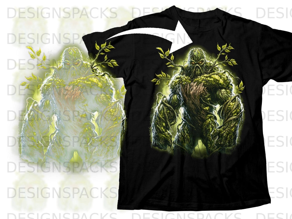 Black t-shirt with Swamp Thing illustration, vines, and glowing eyes.