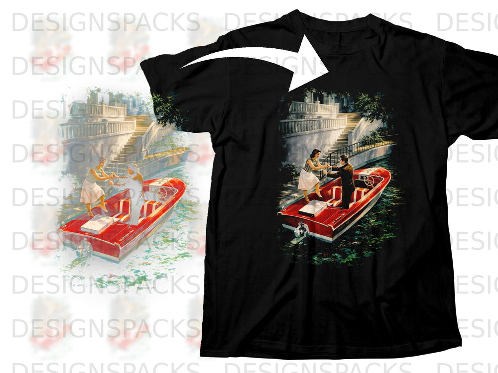 Black t-shirt with print of a couple in a red boat by a grand staircase.