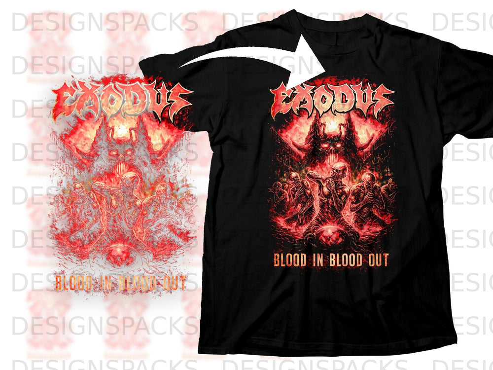 Black t-shirt with Exodus logo and fiery skeletal figures, "Blood in Blood Out" text.