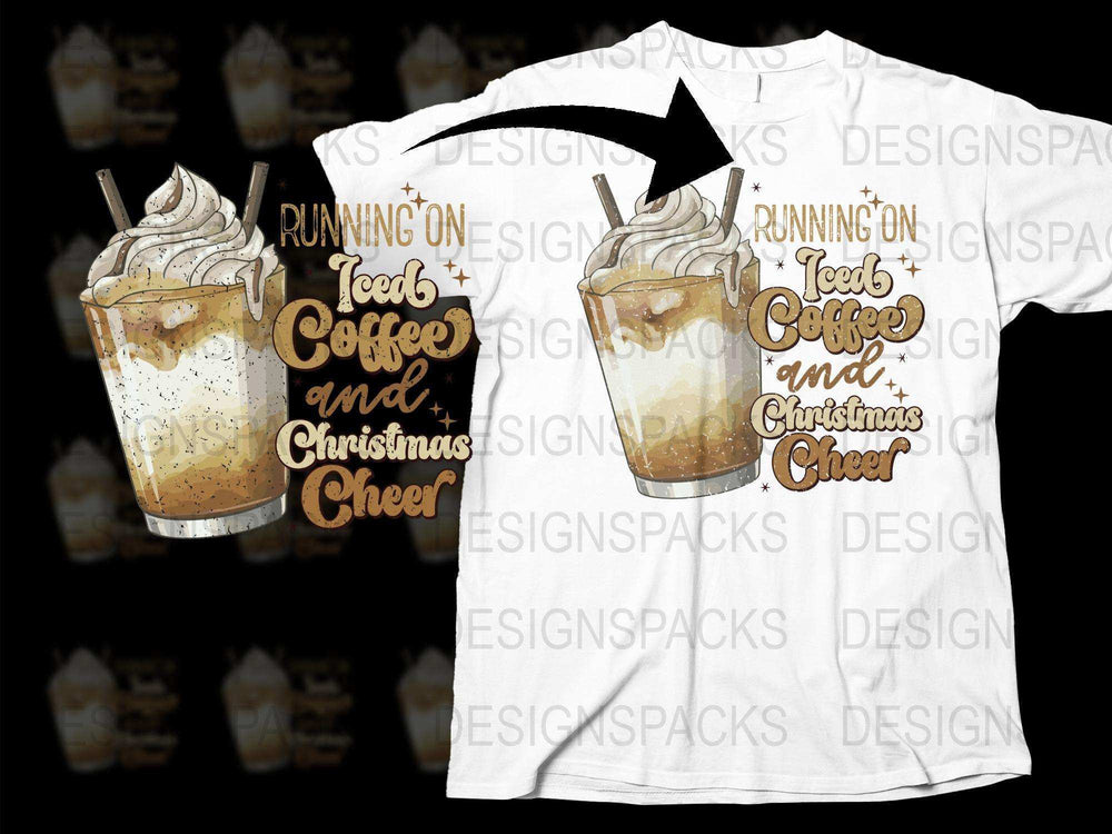 Running on Coffee and Christmas Cheer T-Shirt, Iced Coffee Graphic Tee, Holiday Casual Wear, Festive Shirt Design