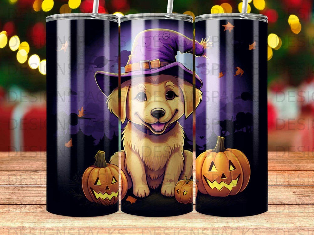 Golden retriever puppy in a witch hat with pumpkins.