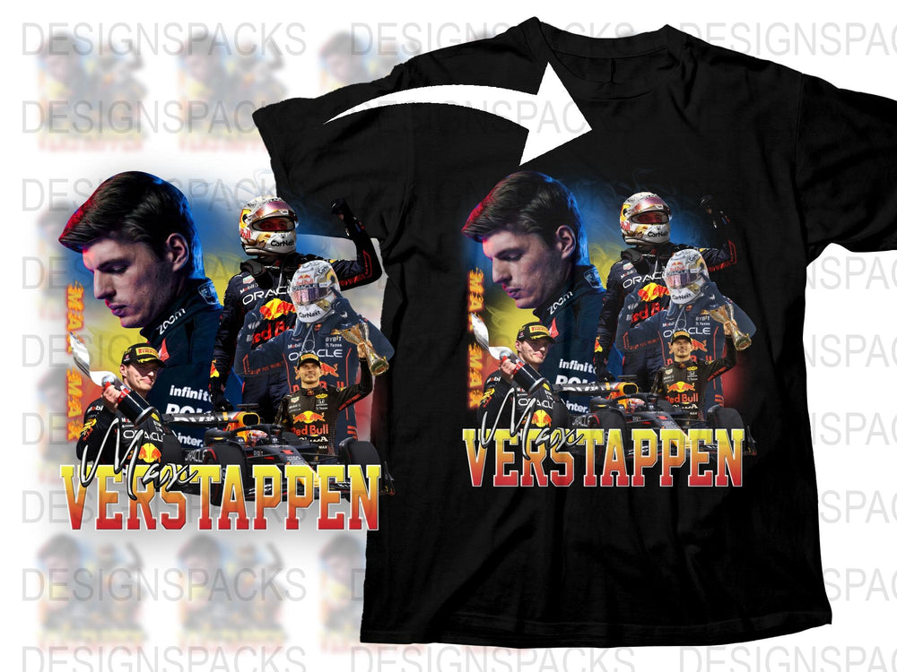 Max Verstappen Graphic T-Shirt, F1 Racing Driver Print Tee, Motorsport Fan Apparel, Multi-Image Design, Black Cotton Shirt