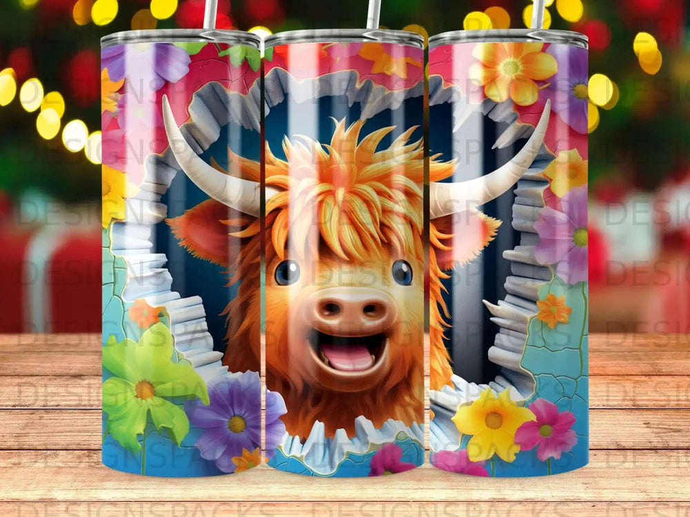 Smiling highland cow peeking through colorful floral opening.