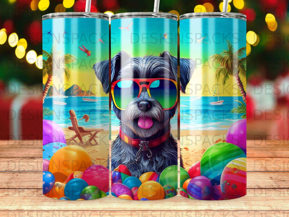 Dog in sunglasses on beach with colorful Easter eggs.