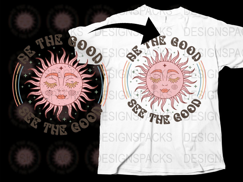 'Be the Good, See the Good' Sun and Moon Graphic T-Shirt, Unisex White Tee, Bohemian Style Shirt