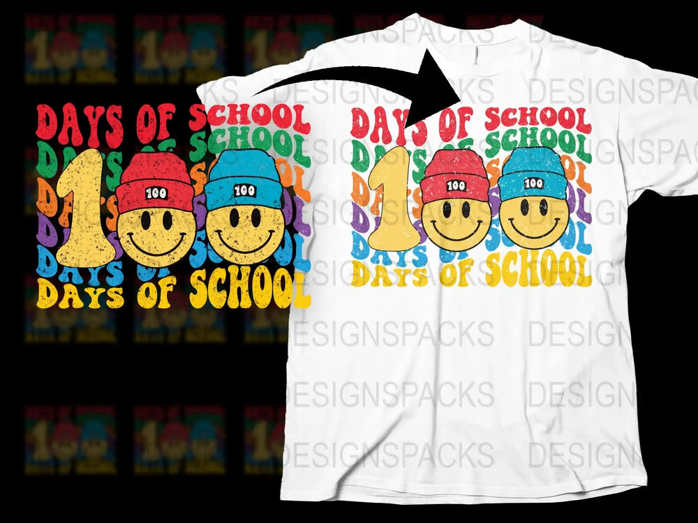 Colorful 100 Days of School T-Shirt, Smiley Face Celebration, Kids Teacher Tee, Educational Fun Clothing, Bright Graphic Shirt for School