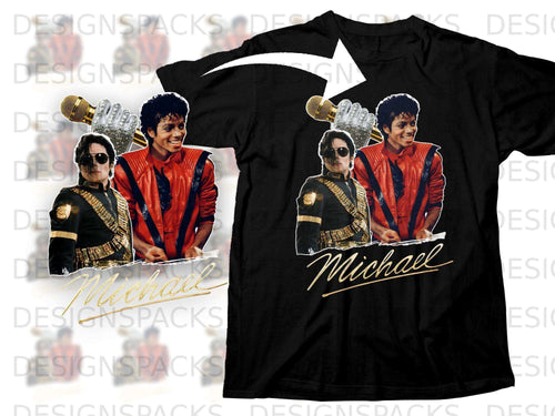Black t-shirt with Michael Jackson artwork and gold microphone.