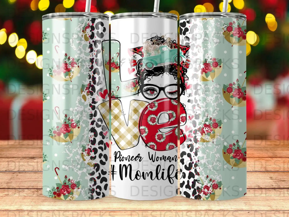 Tumbler with "Love Pioneer Woman Momlife" text, featuring a retro truck and floral accents.