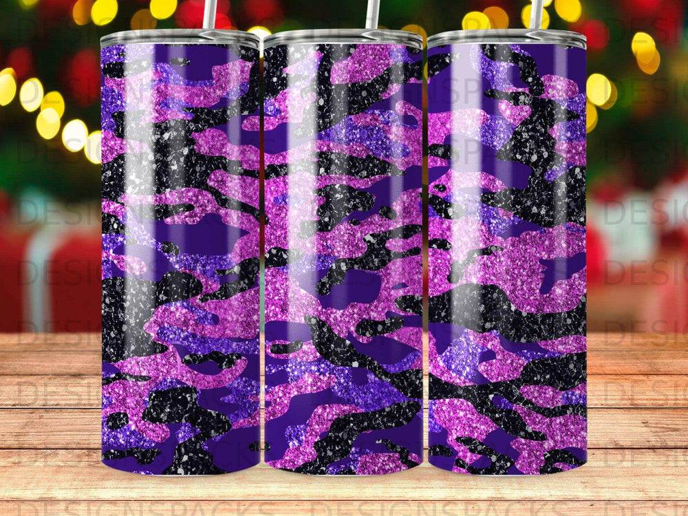 Purple, black, and silver camouflage pattern on a tumbler.