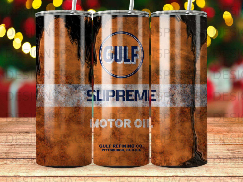 Gulf Supreme Motor Oil can with repeating Gulf logo pattern.