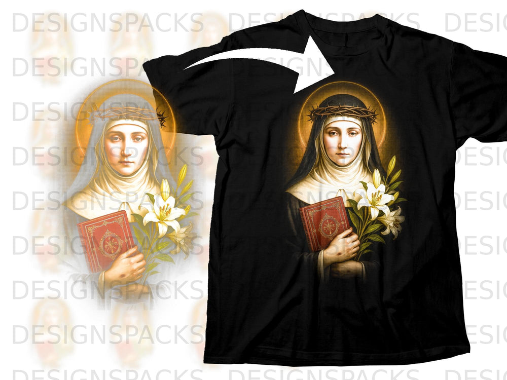 Saint Teresa of Ávila wearing a crown of thorns holds a book and lilies.