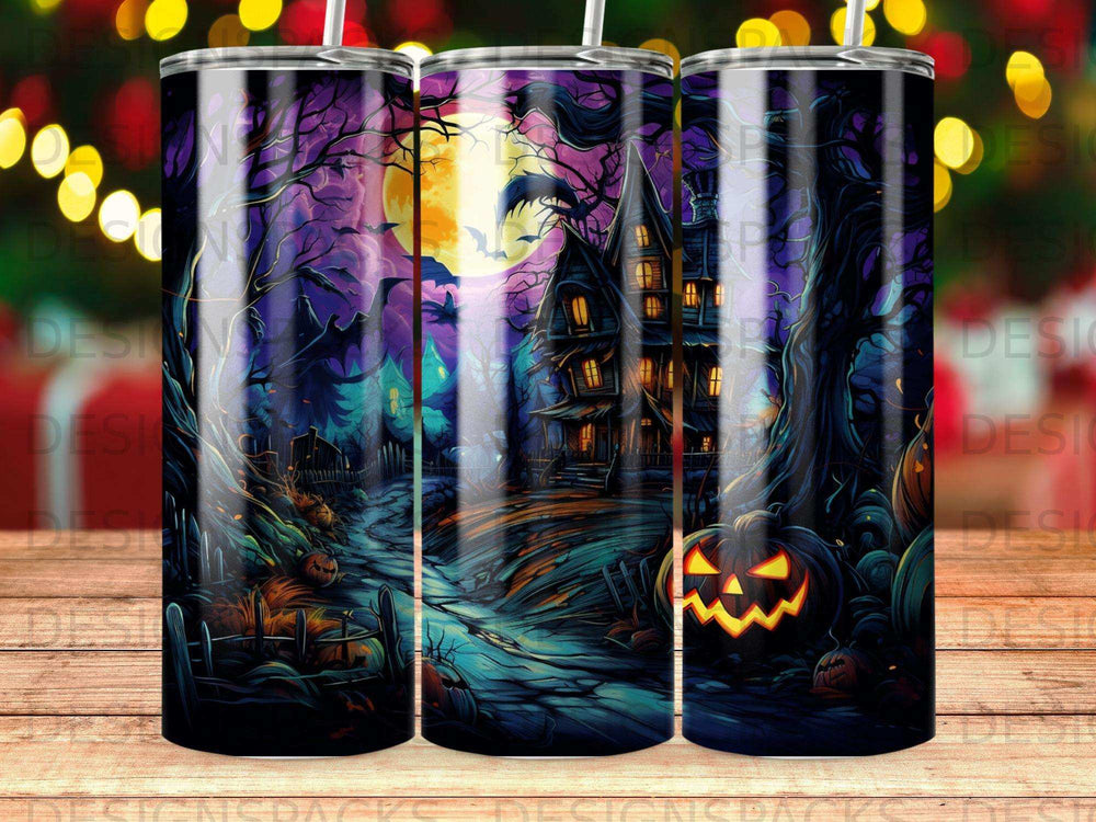 Halloween tumbler with haunted house, jack-o'-lanterns, and spooky forest scene.