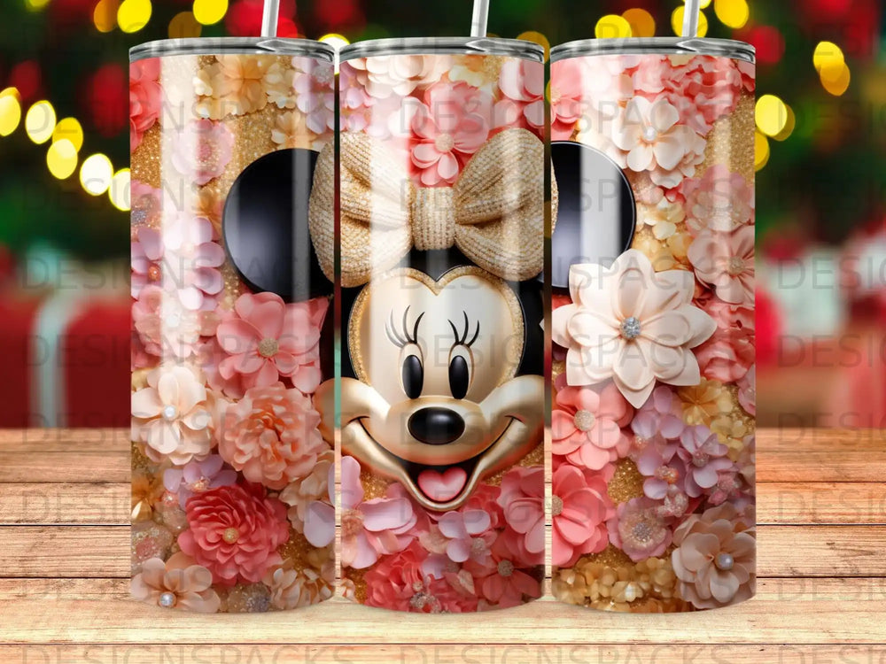 Minnie Mouse in a floral pattern on a tumbler.