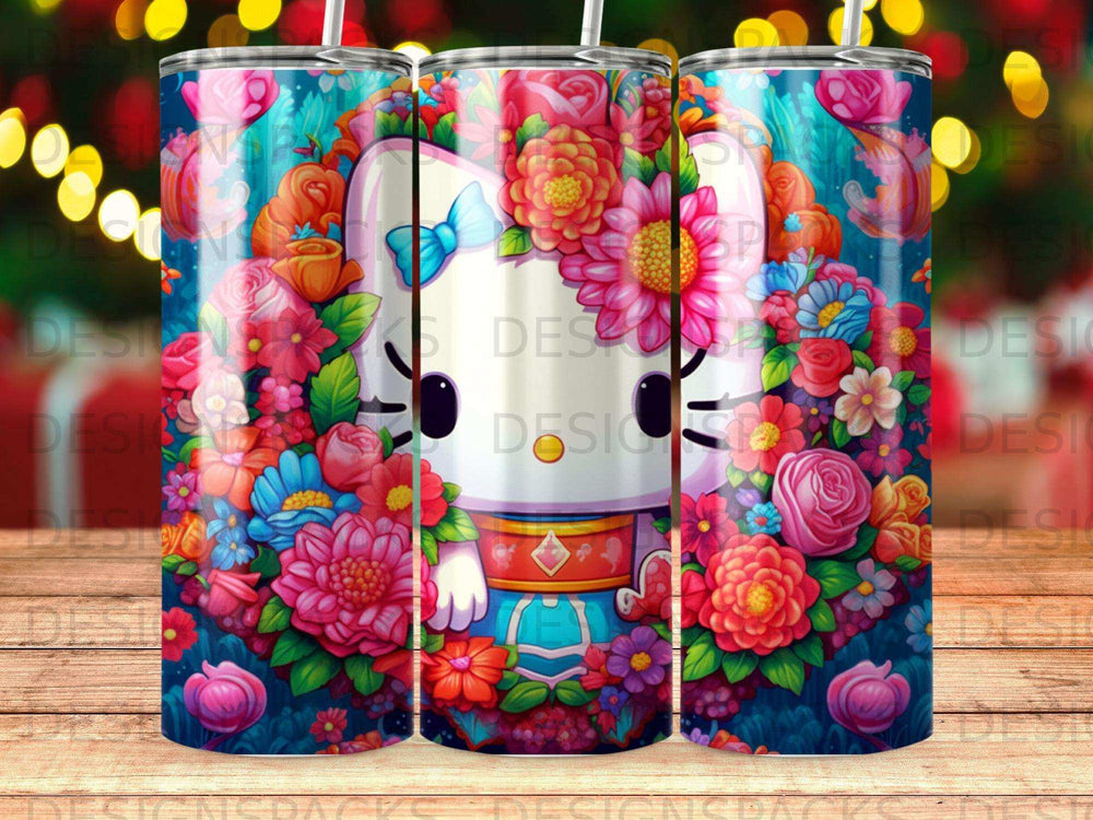 Hello Kitty surrounded by vibrant, colorful flowers and foliage.