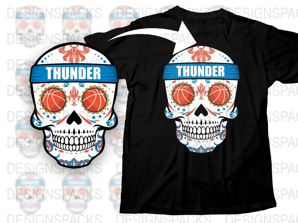 Thunder Skull Graphic T-Shirt, Vibrant Tattoo Style Design, Men's Black Tee with Colorful Print