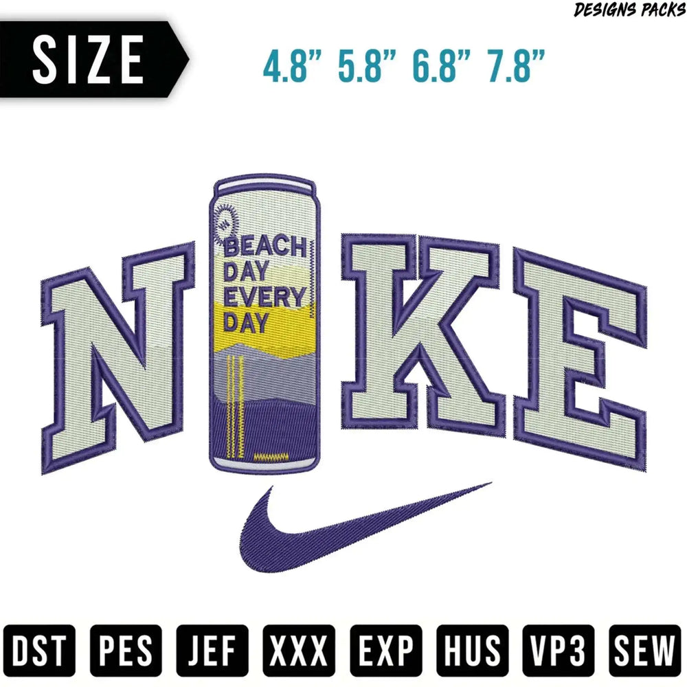 Nike logo embroidery design with text "Beach Every Day" on a can.