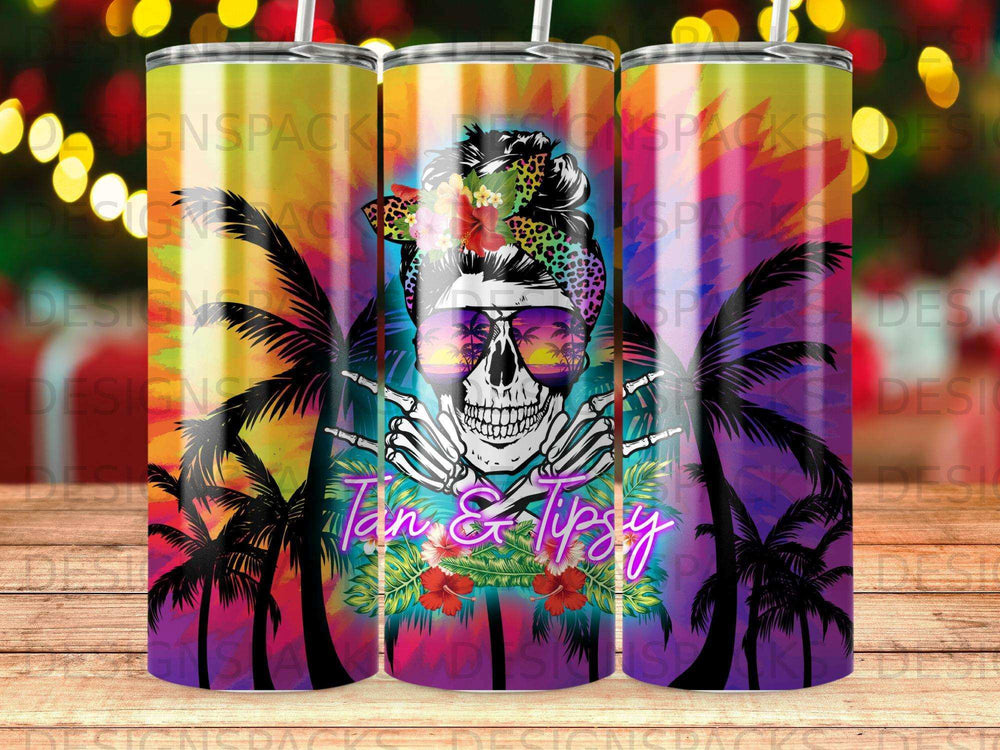 Skeleton wearing sunglasses and bandana, palm trees, tropical flowers, "Tan & Tipsy" text.