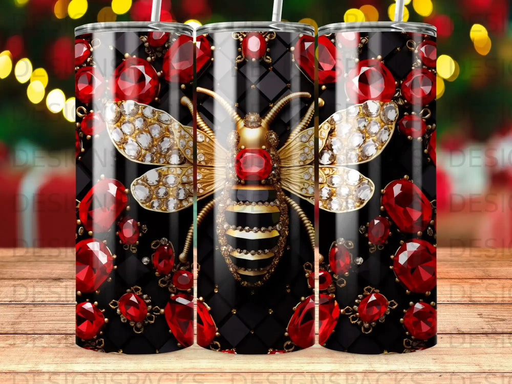Bee with ruby accents on a black quilted background.