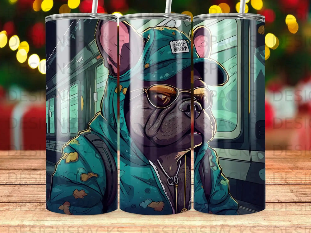 French bulldog wearing sunglasses and a hoodie, on a train.