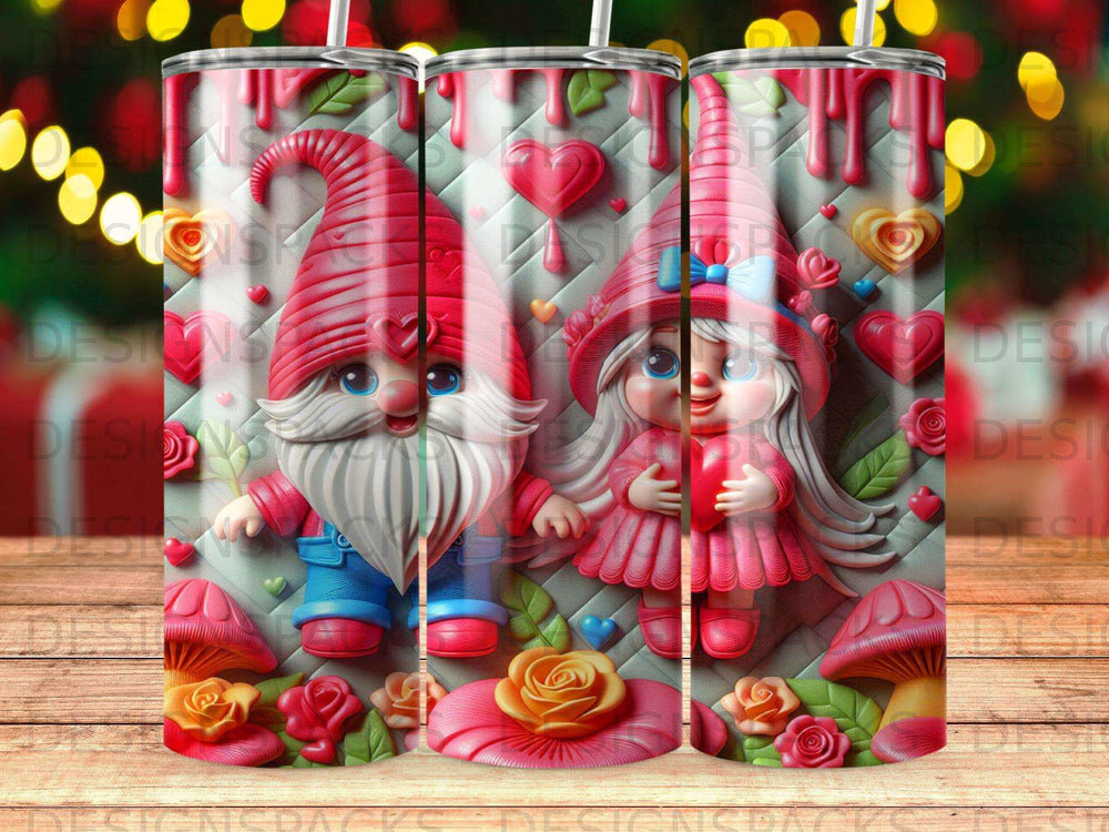 Gnome couple with hearts and roses on tumbler.