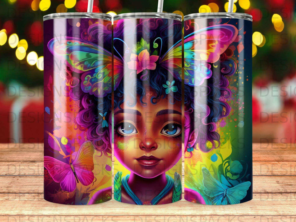 Colorful tumbler with a girl's portrait and butterfly wings.