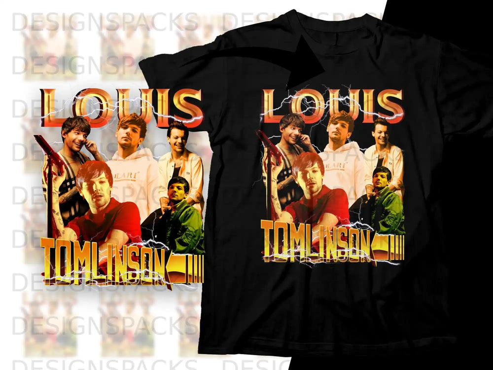 Black t-shirt mockup featuring Harry Styles and Louis Tomlinson in vintage style graphics.
