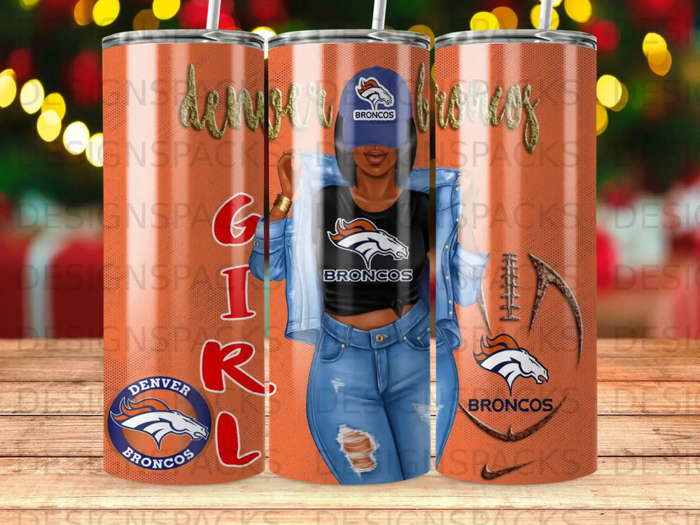 Denver Broncos tumbler with a woman in denim and a football graphic.