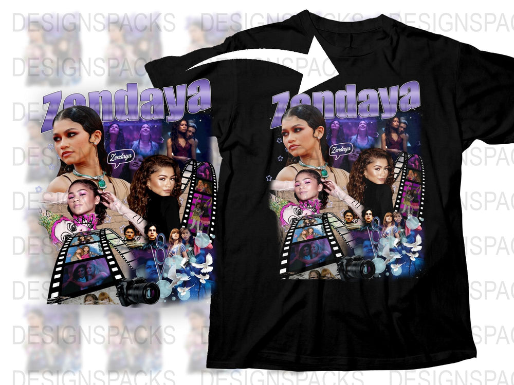 Zendaya Graphic T-Shirt, Pop Culture Fan Apparel, Multiple Poses, Film Strip Design, Stylish Black Tee