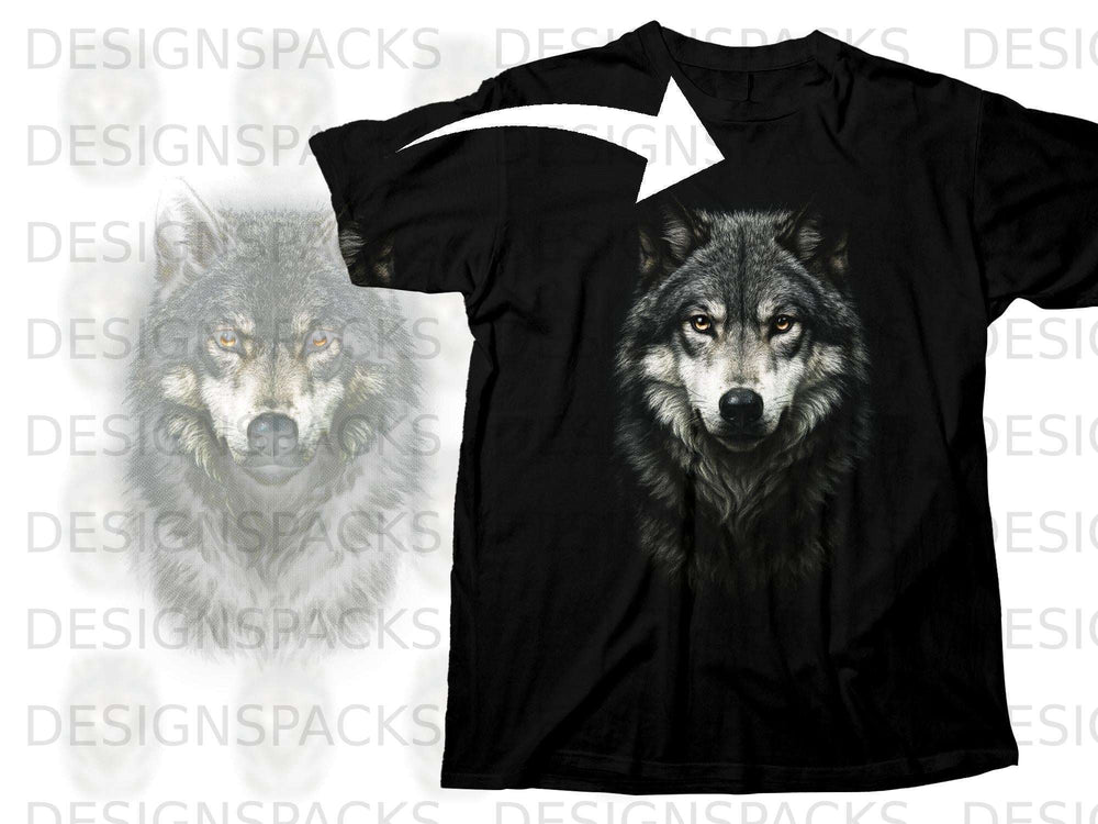 Black t-shirt with a detailed close-up graphic of a wolf's head.