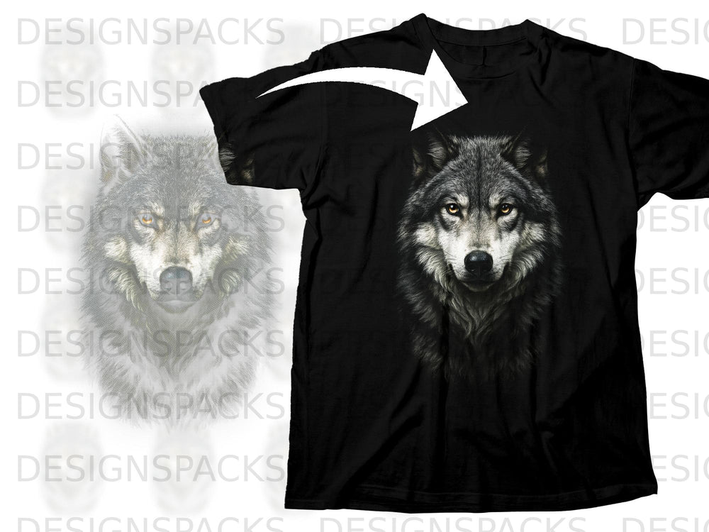 Black t-shirt with a detailed close-up graphic of a wolf's head.